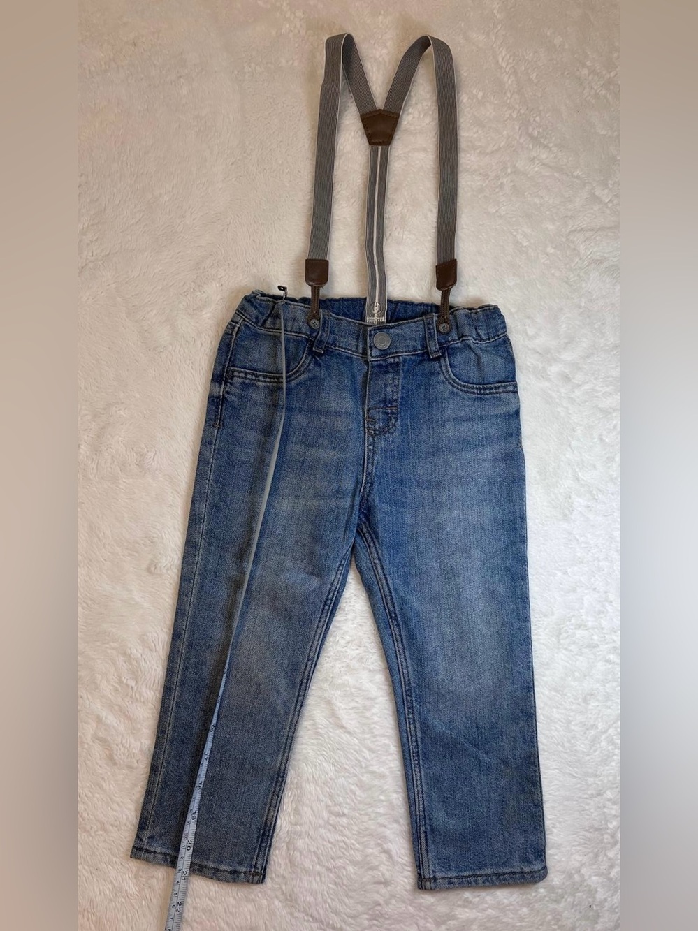 H&M Boys Blue Denim Jeans with Gray Suspenders